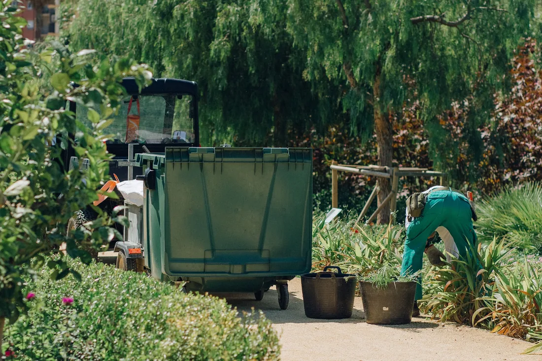 A gardener tending planting beds by hand